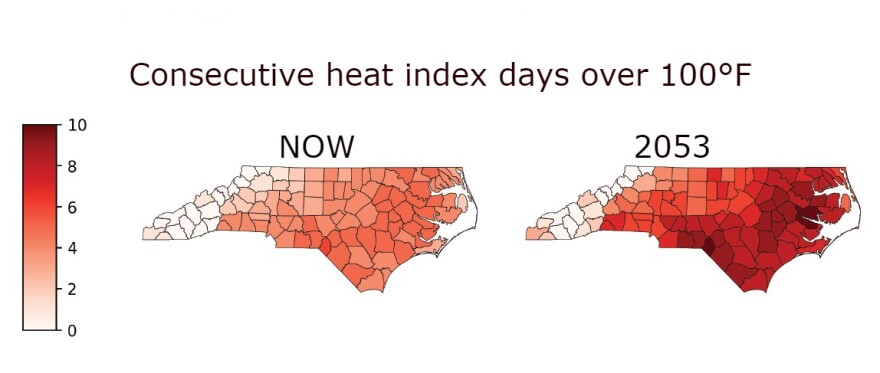 Heat waves also will increase over the next 30 years, according to the First Street Foundation report. These maps show the potential length of heat waves over 100 degrees in 2053. Where now a heat wave might last two or three days, it might extend to 10 days in the future.