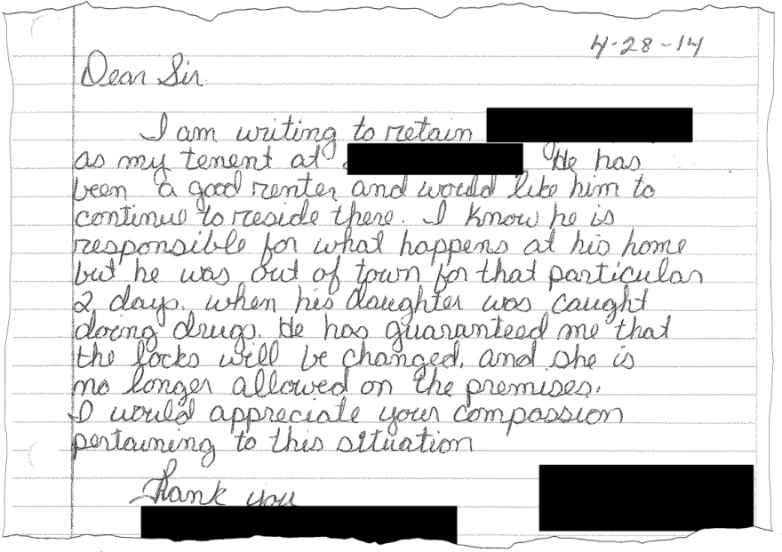 A man faced eviction in 2014 after his daughter was found with drugs. This is an excerpt of the letter his landlord wrote to the city to appeal the imminent eviction, explaining that he was offering to change the locks so his daughter couldn't come back.