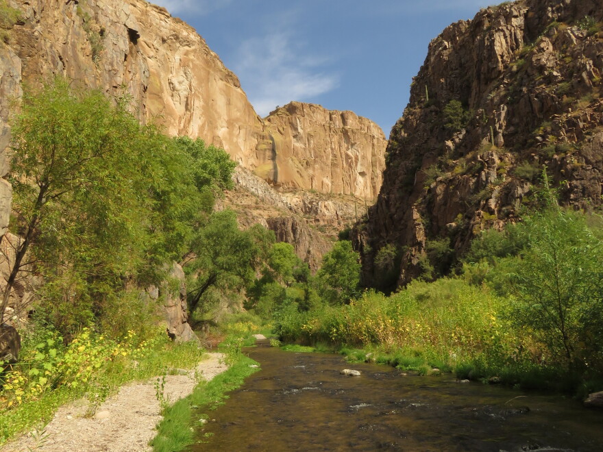 A clear, shallow creek flows through a narrow rocky canyon surrounded by green brush