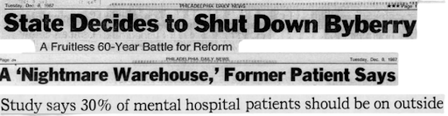 Newspaper headline clippings from stories in the 1980s discussing problems with state mental health hospitals. (Newspapers.com)