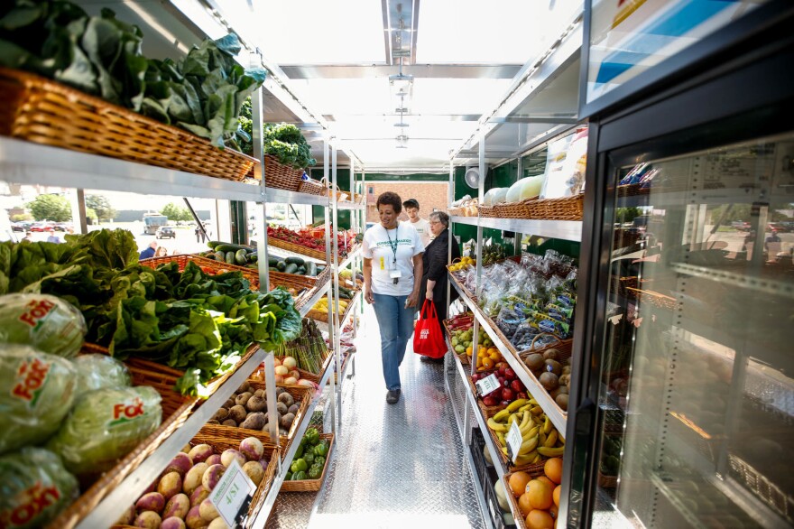 Fresh fruits and vegetables stocked inside one of the trucks used in Foodlink's Curbside Market program, which sells fresh foods at affordable prices to poor communities.