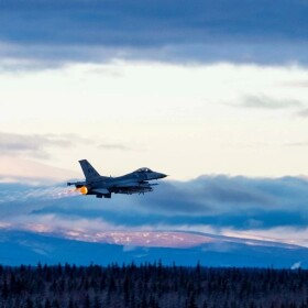 An F-16 fighter jet takes off from Eielson Air Force Base near Fairbanks.