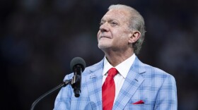 Indianapolis Colts owner Jim Irsay talks during the Hall of Fame ring ceremony for Peyton Manning and Edgerrin James during an NFL football game, Sept. 19, 2021, in Indianapolis.