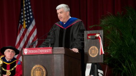 IU Media School Dean James Shanahan speaks at the formal dedication of Franklin Hall in 2016.