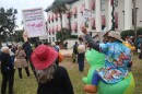 Protestors gathered outside the Old Florida Capitol ahead of the first Florida House committee meeting about mid-decade redistricting on Dec. 4, 2025.