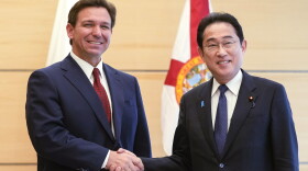 Florida Gov. Ron DeSantis, left, shakes hands with Japanese Prime Minister Fumio Kishida as he pays a courtesy call to Kishida at the prime minister's official residence in Tokyo Monday, April 24, 2023. DeSantis is in Japan for a two-day visit. Japanese Foreign Ministry said that DeSantis's visit to Japan will be an opportunity to further strengthen relationship between Japan and Florida in broad areas including political and economic fields.