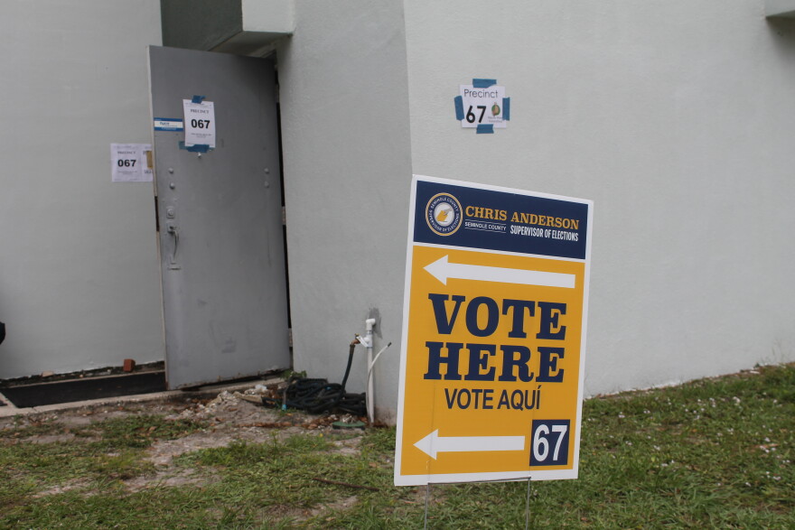 A sign telling residents where to vote at the Seminole County Elks Lodge voting location.