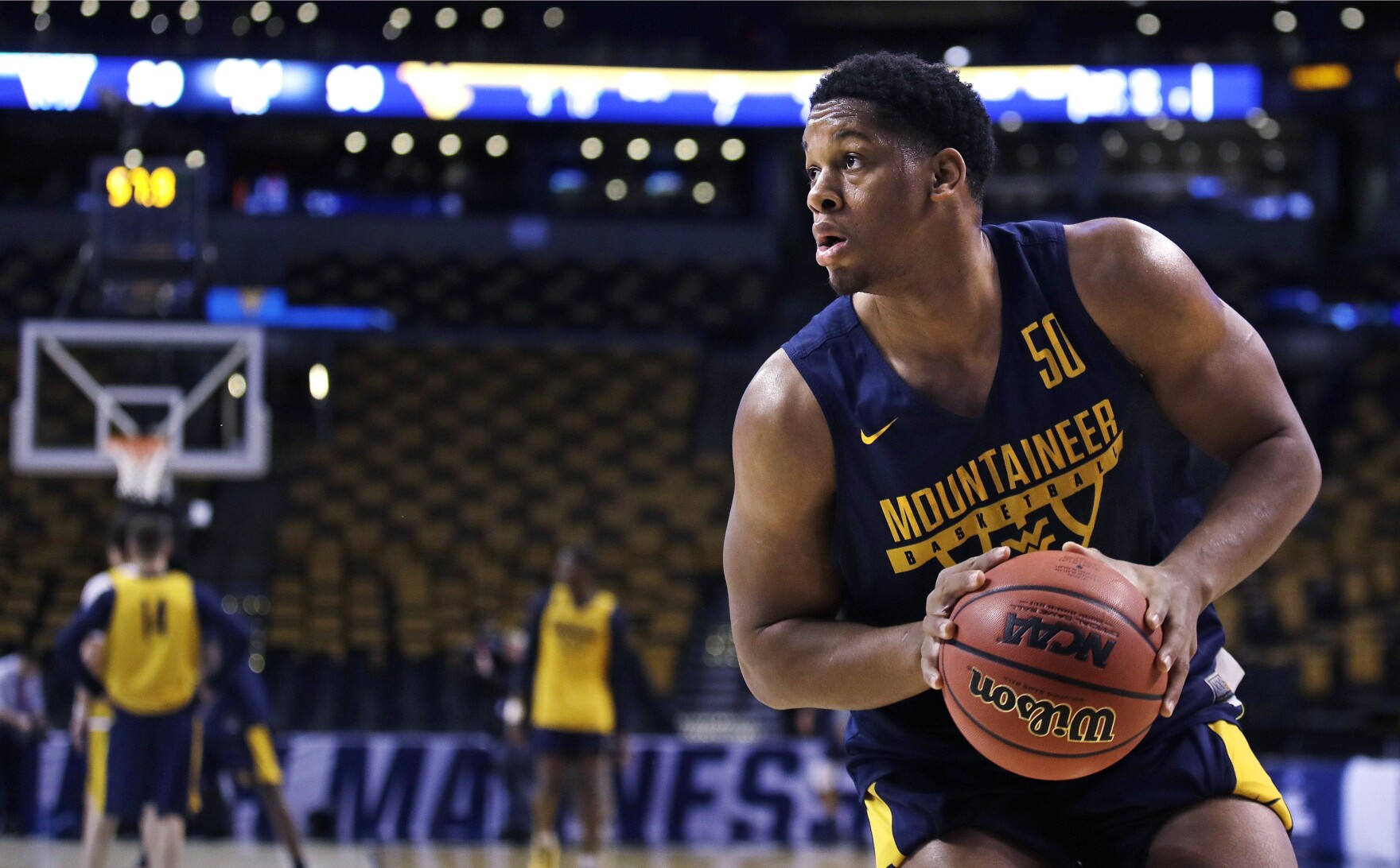 West Virginia's Sagaba Konate sets to shoot during practice at the NCAA men's college basketball tournament in Boston, Thursday, March 22, 2018. West Virginia faces Villanova in a regional semifinal. 