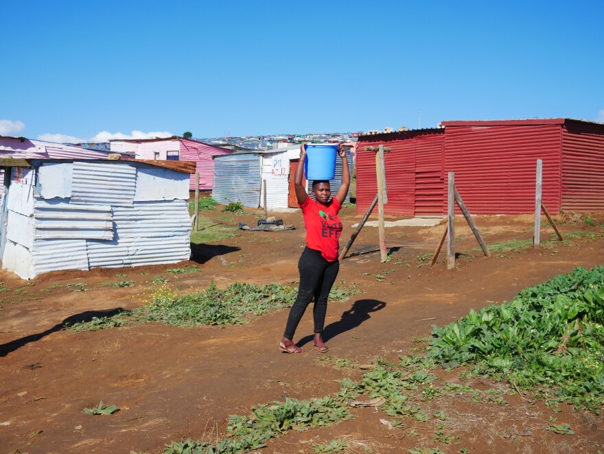 Annah Goba, 20, carries water to her shack in Azania, the name squatters gave to a section of private property they took over in Stellenbosch. Goba said the lack of running water was a challenge, but she couldn't afford to pay rent in crowded Kayamandi township. Her shirt is from the far-left Economic Freedom Fighters party, which encourages supporters to occupy the land of wealthy farm owners.