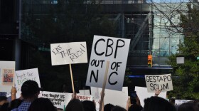A “CBP out of Charlotte” sign at Saturday’s protest against Border Patrol and ICE in Charlotte.