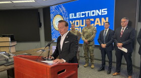 Iowa Secretary of State Paul Pate speaks during an election security briefing.