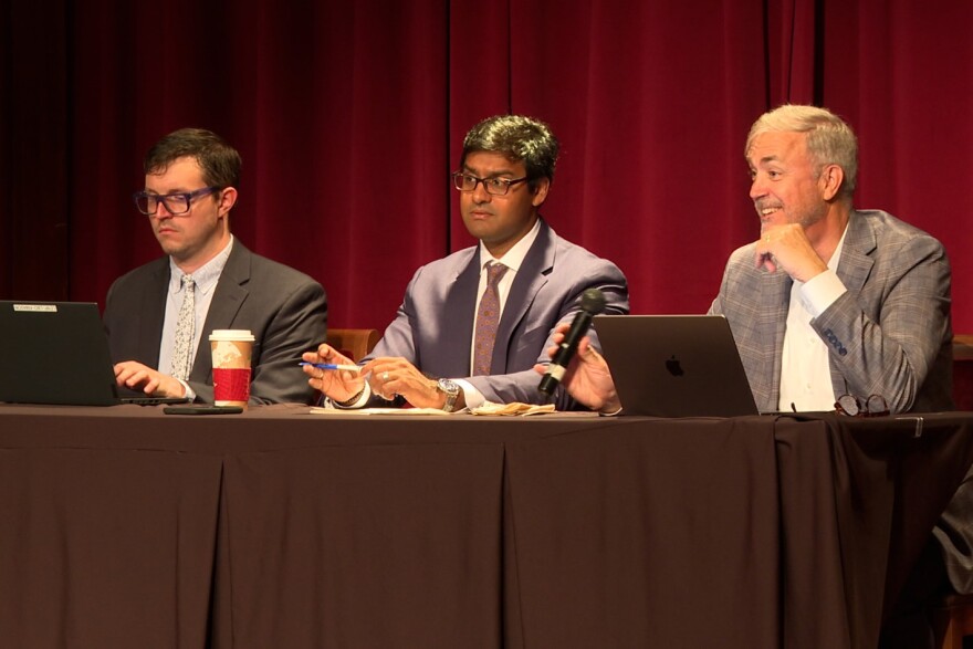Isaacson, Miller partner Vijay Saraswat (middle) and search committee co-chair David Daleke (right) led the Thursday morning listening session with IU faculty.