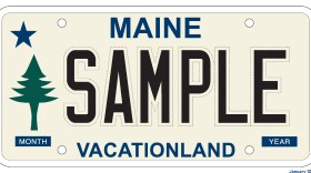 A sample of a new Maine license plate featuring the 1901 Maine state flag.