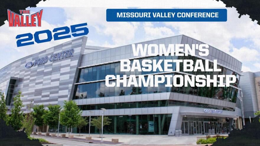 An outside shot of the Ford Center in Evansville with the header 2025 Women's Basketball Championship