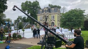 A scene from “Christmas on Honeysuckle Lane” is shot outside The Silas W. Robbins House in Wethersfield, Connecticut.