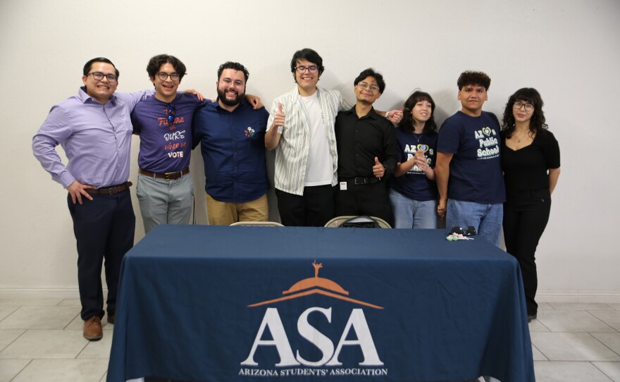 Speakers from the Arizona Students Association, Save Our Schools Arizona and First Things First included Zahid Plantillas (first from left), Alberto Plantillas (second from left), Liban Arce (third from left) and Armando Olmos (fourth from right). Also pictured: members and volunteers.