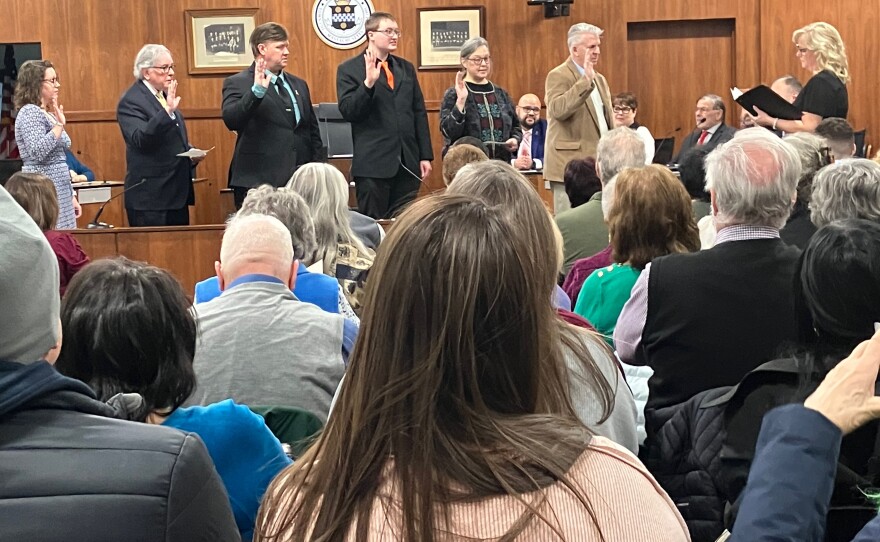 Pittsfield, Massachusetts City Clerk Michele Benjamin administers the oath of office to school committee members on January 2, 2024 in city council chambers.