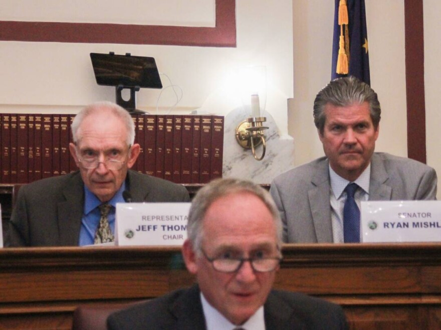Rep. Jeff Thompson (R-Lizton), left, and Sen. Ryan Mishler (R-Mishawaka), right, listen to presentations during a State Budget Committee meeting on April 16, 2025.