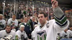 Hartford Whalers captain Kevin Dineen waves to the fans after the Whalers final NHL hockey game, Sunday, April 13, 1997, in Hartford, Conn., against the Tampa Bay Lightning. Connecticut Gov. Ned Lamont said Friday, May 19, 2023, he's planning to meet with NHL Commissioner Gary Bettman about the possibility of moving the Arizona Coyotes to Hartford. Connecticut has not had an NHL team since the Hartford Whalers left for North Carolina in 1997.