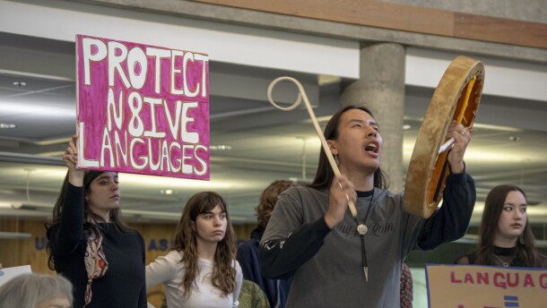 Protestors pack the University of Alaska Fairbanks Wood Center on behalf of the Alaska Native Language Center on March 25, 2026.