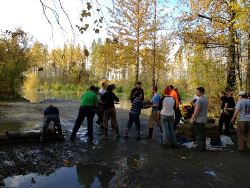 Sandbagging the end of Main Street, downtown Talkeetna. Photo from KTNA - Talkeetna