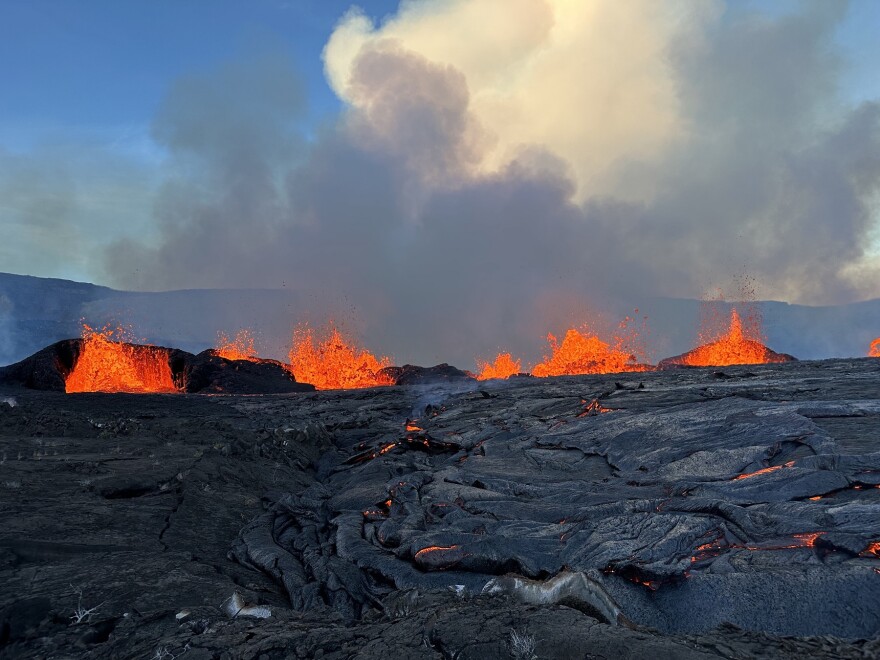 The Hawaiian Volcano Observatory observed the new eruption within the summit caldera during an eruption-monitoring overflight on the morning of Sept. 11, 2023.