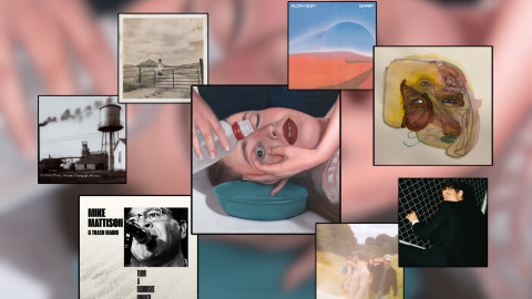 A collage of eight different album artworks. The largest is a painting of a woman with something being poured into her eye. Surrounding that are a black and white photo of a water tower, a hazy photo of four people in a field, a man in a black suit holding a chain link fence at night, a man singing into a microphone, a distorted painting of a dog, a red and blue pyschelic landscape and a woman sitting on a fence gate.
