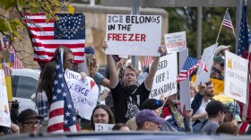 Protestors participate in one of dozens of rallies in greater Syracuse. At this protest, they are carrying signs that read, "Unions love science, so should you!" "Ice belongs in the freezer," and "Pissed off Grandma!" 