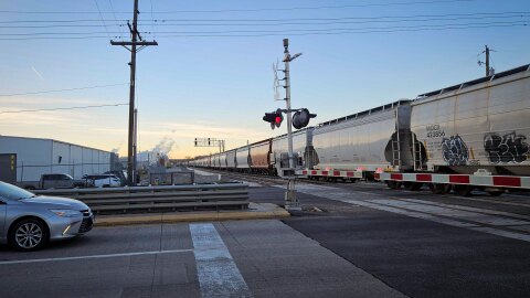 A freight train crosses 12th Street in Ogden, Dec. 18, 2025