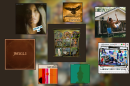 Artwork for four new albums, three new singles and one album from 1976, displayed in black square frames over a blurry green an brown background.