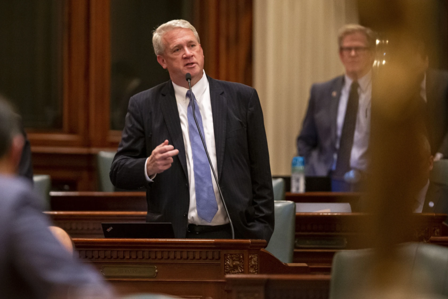 Then-House Republican leader Jim Durkin, R-Western Springs, gives his closing remarks on the floor of the Illinois House of Representatives on the last day of session at the Illinois State Capitol in Springfield June 1, 2021. 