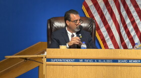 Superintendent Rafael Villalobos at Wednesday's school board meeting and budget hearing, his firsts as chief.