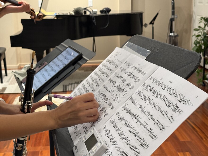 Classical musicians are practicing for an upcoming show.