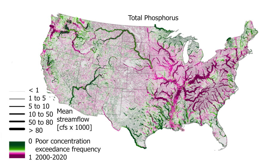 Frequency of mean seasonal flow-weighted total nitrogen and total phosphorus concentrations exceeding the US Environmental Protection Agency National Rivers and Streams Assessment “poor” criteria for 2000–2020. Figure 5 from Miller, O. L., Schmadel, N. M., Ator, S. W., Miller, M. P., Robertson, D. M., Saad, D. A., et al. (2026). Seasonal estimates of nutrient loading, sources, and impacts on water availability in streams across the conterminous United States, 2000–2020. Water Resources Research, 62, e2025WR043133. https://doi.org/10.1029/2025WR043133
