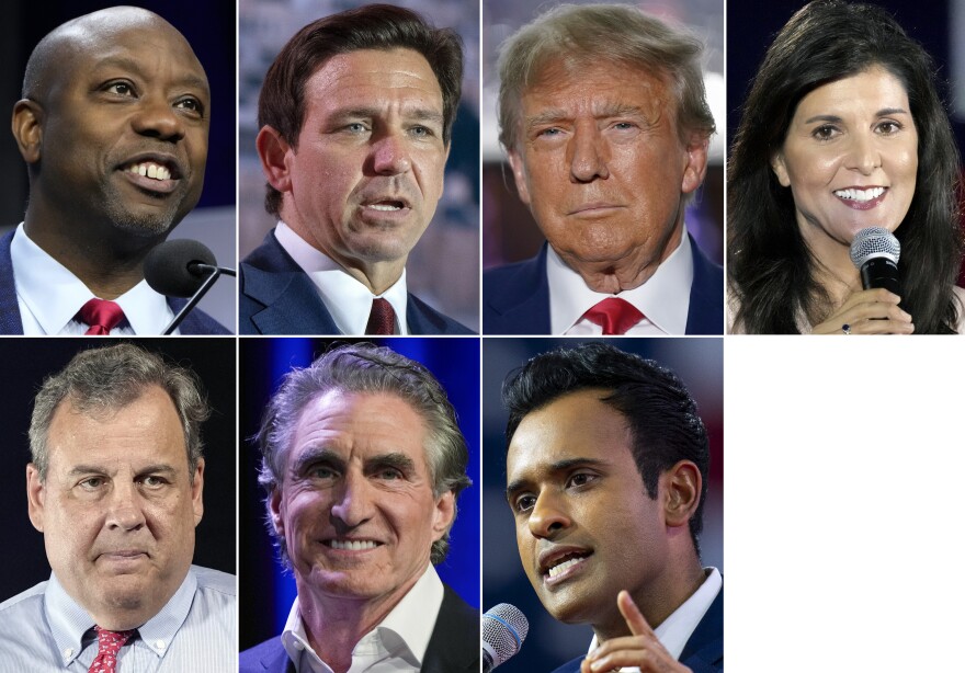 This combination of photos shows Republican presidential candidates, top row from left, Sen. Tim Scott, R-S.C., Florida Gov. Ron DeSantis, former president Donald Trump, and former South Carolina Gov. Nikki Haley, and bottom row from left, former New Jersey Gov. Chris Christie, North Dakota Gov. Doug Burgum and Vivek Ramaswamy. With less than a month to go until the first 2024 Republican presidential debate, seven candidates say they have met the qualifications for a podium slot. But that also means that about half of the broad GOP field is running short on time to make the stage. (AP Photo)