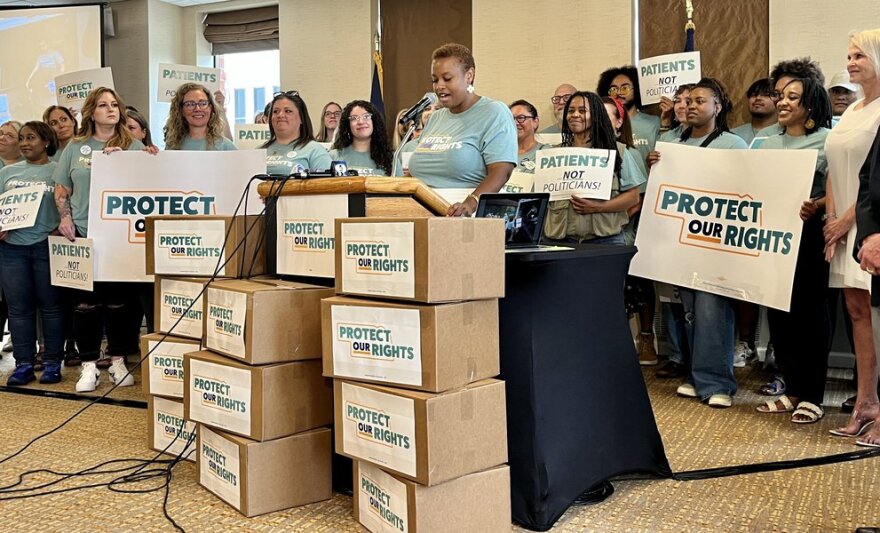Ashlei Spivey speaks at a press conference for Protect Our Rights, the campaign aiming to guarantee abortion rights until fetal viability in the Nebraska constitution.