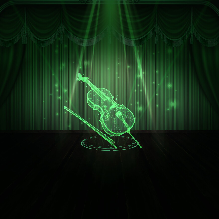 futuristic illustration of a cello being projected on a dark stage in neon green light