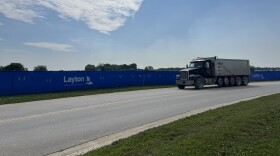 A truck drives by the site where a data center is being constructed in Trenton.
