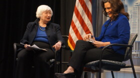 U.S. Treasury Secretary Janet Yellen and Michigan Governor Gretchen Whitmer (D) interview each other at an event before the Detroit Economic Club.