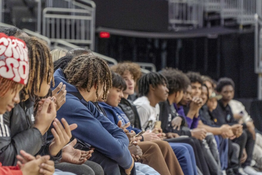 Milwaukee Public Schools students attend a financial literacy session with Milwaukee Bucks basketball player Khris Middleton at the Fiserv Forum in Milwaukee — part of a mentoring session organized by the school district’s Department of Black and Latino Male Achievement, which provides mentorship and opportunities to 500 Black and Latino male students.