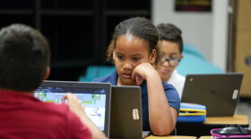 A young child sits by a computer.