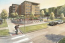 An architectural rendering for a 5-story mixed-use property called Titan Plaza