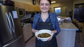 Fuchsia Dunlop with her fish-fragrant eggplant. (Jesse Costa/WBUR)
