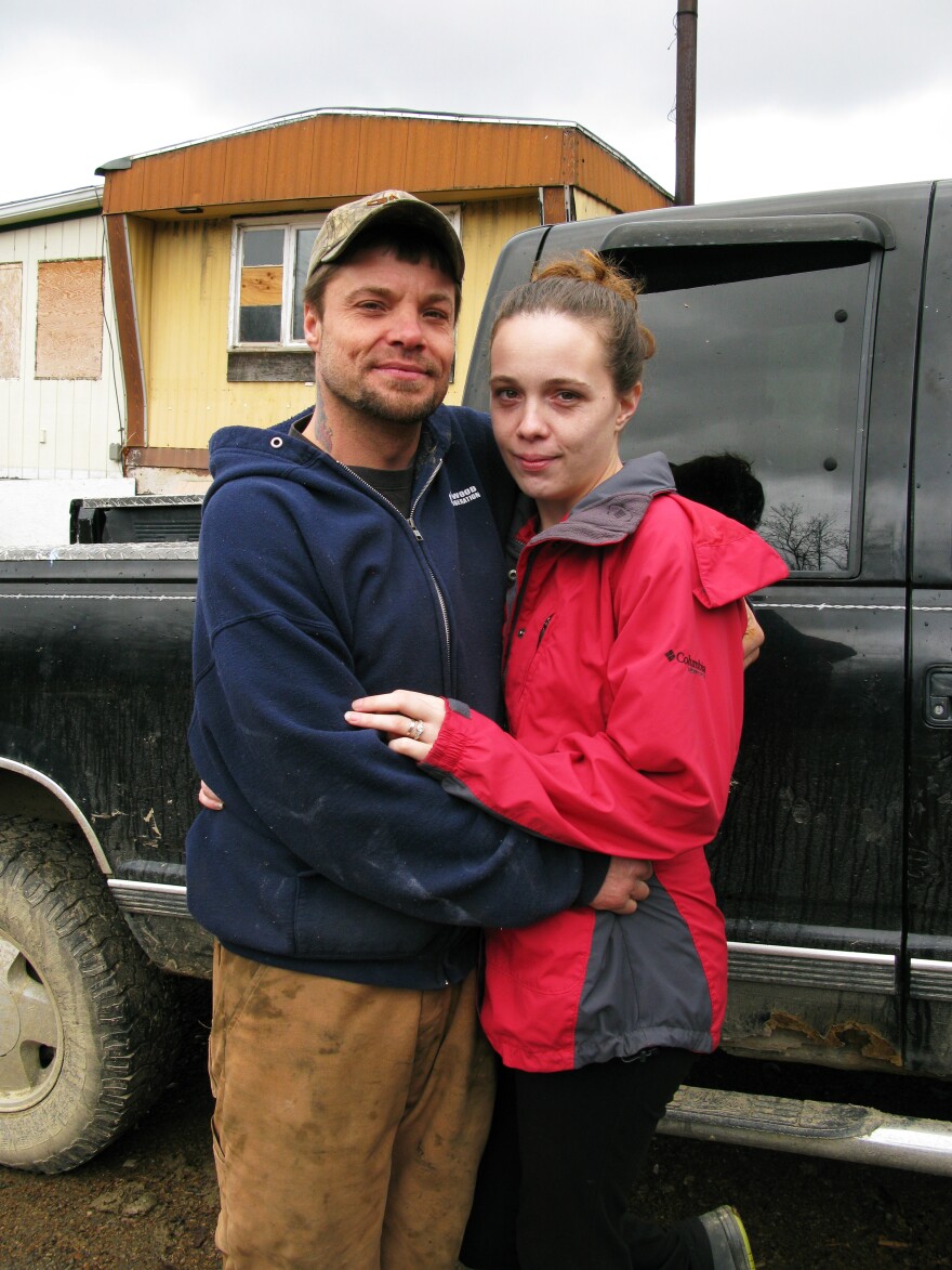 Frank and Amber Adams of Hammondsport, N.Y. He sometimes has to redeem empty soda cans to buy gas to take Amber to counseling classes.