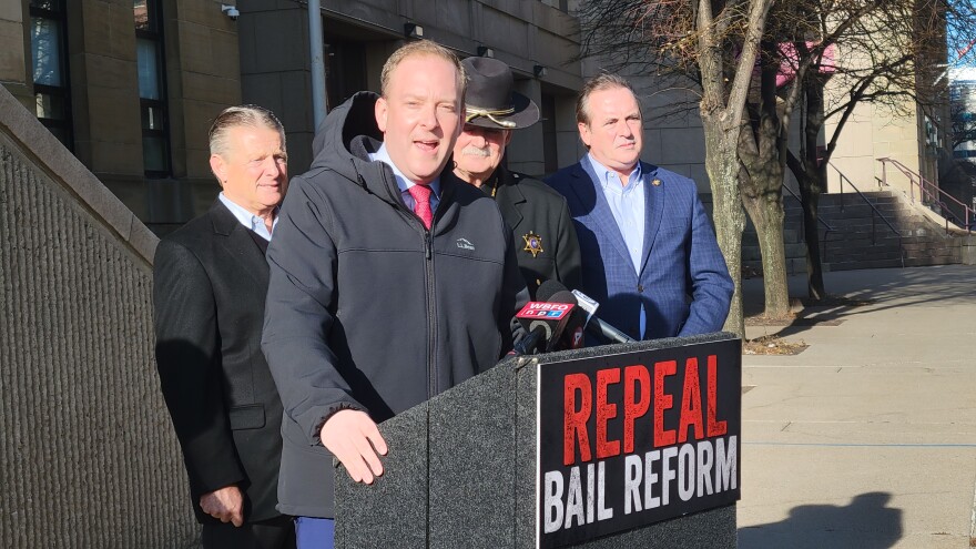 Long Island Congressman Lee Zeldin, the presumptive Republican nominee for governor, calls for the repeal of the state's bail reform law Dec. 17, 2021, while standing outside the Erie County Sheriff's Office in downtown Buffalo.