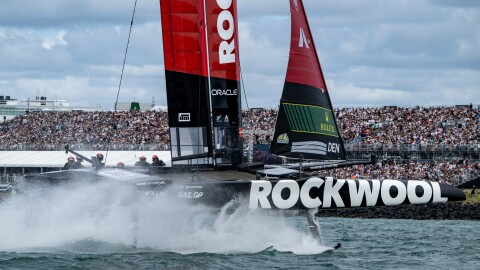 ROCKWOOL Denmark SailGP Team helmed by Nicolai Sehested in action in front of the grandstand on Race Day 2 of The Rolex SailGP 2025 Championship ITM New Zealand Sail Grand Prix in Auckland, New Zealand. Sunday 19 January 2025. Photo: Ricardo Pinto for SailGP. Handout image supplied by SailGP