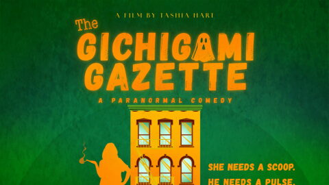 Green and yellow poster for "The Gitchigami Gazette"; negative space images of a woman smoking and leaning against a building, and a man falling from a rowboat toward a large fish