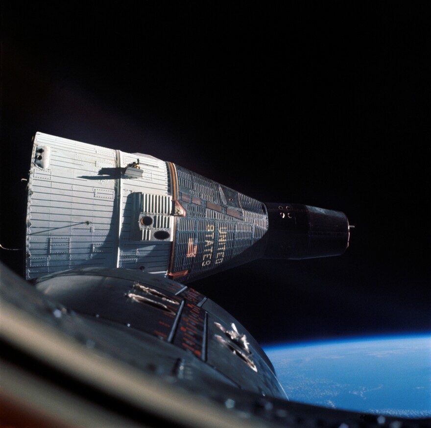 Gemini 6A, in the foreground, during the rendezvous with Gemini 7.