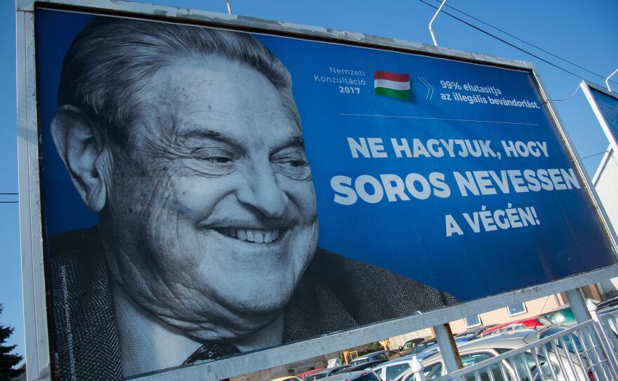 A poster with billionaire George Soros is pictured in July in Székesfehérvár, Hungary.