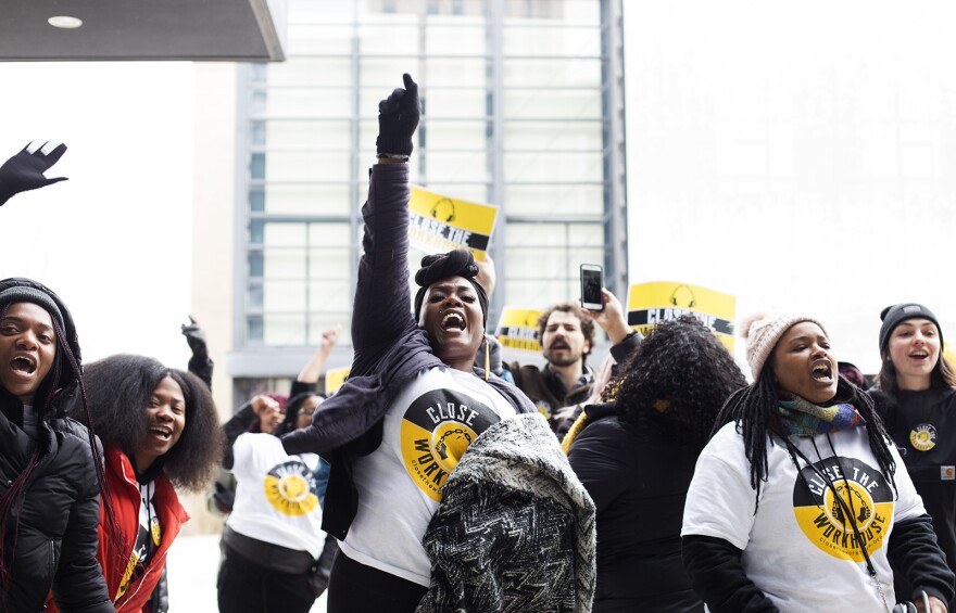 Activists with the Close the Workhouse campaign call on Mayor Lyda Krewson to close down the jail as she arrives for a segment on St. Louis on the Air.